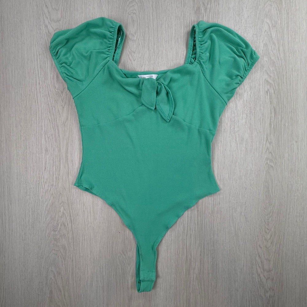 Bodysuit LC Lauren Conrad Womens L Green Ribbed Tie Front Puff Sleeve Casual